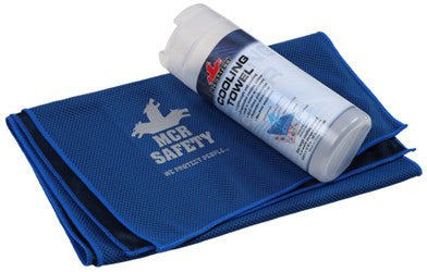 The MCR Blue Polyester Microfiber Cooling Towel CGT13 from MCR Safety, along with its sleek white container featuring a matching blue label, is perfect for staying refreshed by providing efficient evaporative cooling.