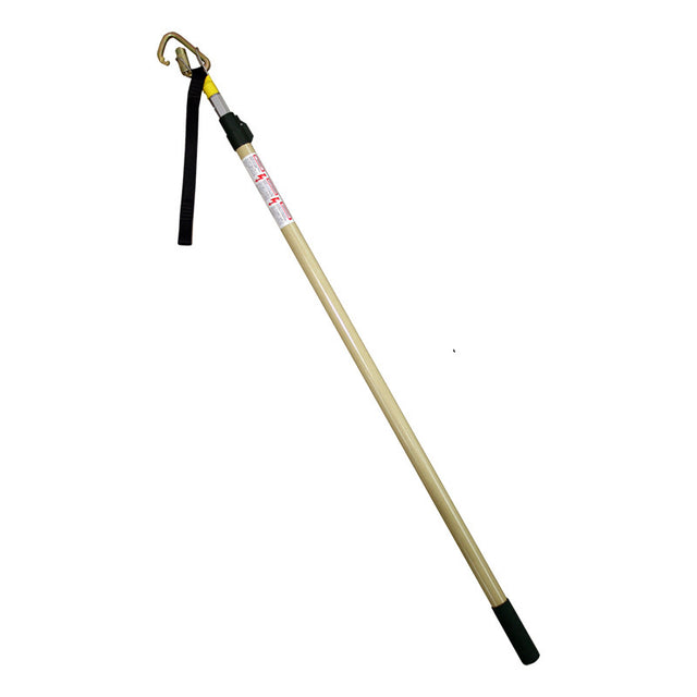 The French Creek Rescue Pole RPCC-12, by French Creek Production, is a long, extendable fiberglass tool featuring a hook at one end and strap near the handle. Designed for utility or emergency situations, it includes a label with instructions and warnings to ensure safe operation in rescue systems.