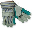 Introducing the MCR Memphis 1411A Double Leather Palm Work Glove by MCR Safety. These durable work gloves feature sturdy cowhide leather palms and fingers in gray and teal, complemented by a back adorned with striped fabric in blue, gray, and beige hues. Designed with reinforced cuffs for added protection, each glove boasts a double leather palm for enhanced durability. Available in sets of 12 pairs.