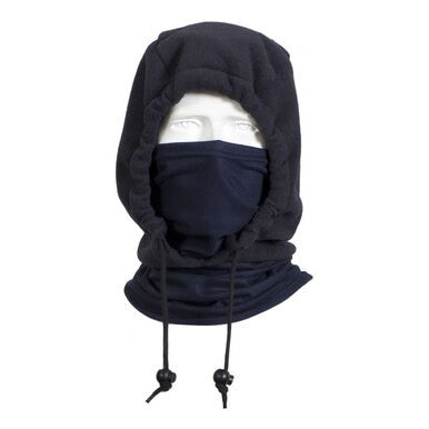 The NSA mannequin head showcases the NSA FR Fleece 3-In-1 Hood H74FL28, featuring a black hooded balaclava with adjustable drawstrings designed for protective headwear. The design primarily covers the face, leaving only the eyes visible.