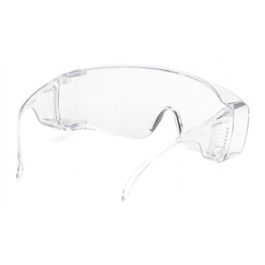 The Pyramex Jumbo Solo Clear Lens S510SJ Glasses, available in a box of 12, feature a wraparound design with transparent lenses and arms, offering UV protection and full coverage. Additionally, the impact-resistant lenses ensure optimal eye protection.