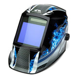 The LEADHEAD Auto Darkening Helmet - Fire Metal WHAM3030FM by Pyramex Safety features a sleek design with black and blue flame graphics, complemented by metallic silver accents on the sides. This impact-resistant helmet ensures both safety and style during your toughest jobs.