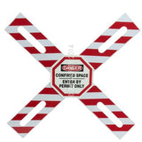 The AccuformNMC Confined Space Barrier - Enter by Permit Only CXB631, featuring a red and white striped X shape with the text "DANGER CONFIRMED SPACE ENTER BY PERMIT ONLY," highlights OSHA requirements for confined spaces.