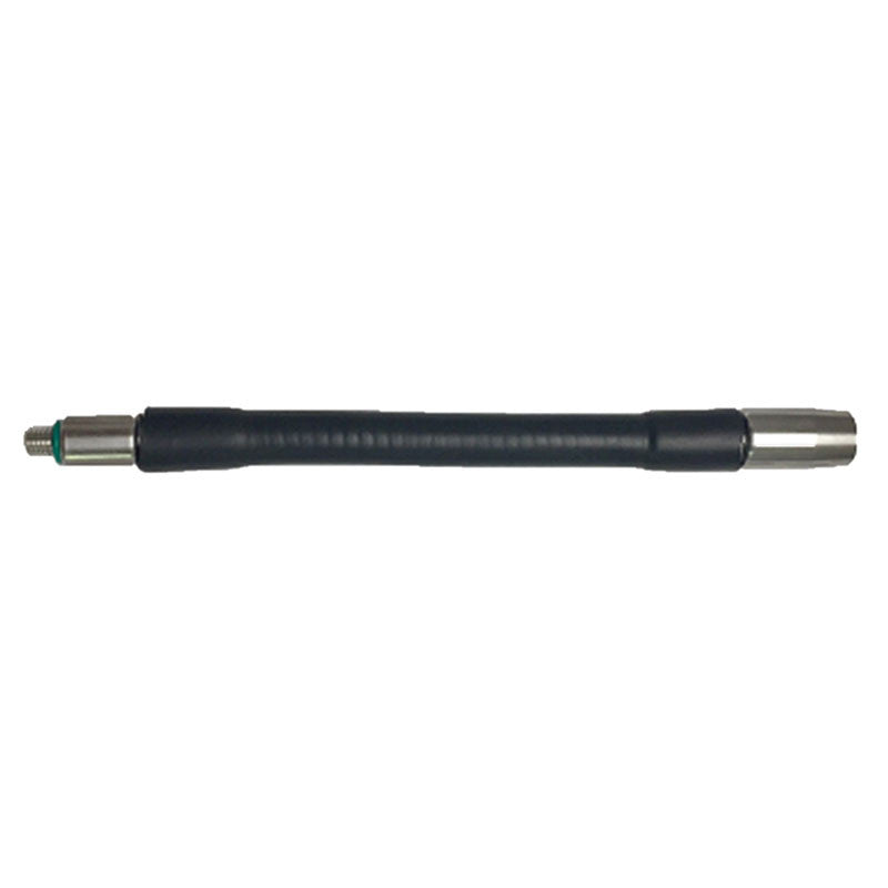 This image displays the mPower NEO MP18X Flexible Probe, 6-inch M011-3012-000, a black flexible hose connector perfect for use with gas detector accessories. It features a threaded metal fitting on the left end and a larger smooth fitting on the right, positioned straight against a white background.