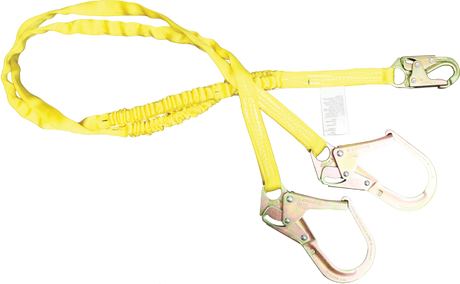 The French Creek Production 6' Dual Leg Tubular Shock Absorbing Lanyard, featuring a yellow design with two hooks and a loop, is crafted for industrial use and fall protection. This safety lanyard is isolated on a white background.