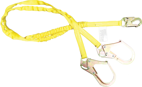 The French Creek Production 6' Dual Leg Tubular Shock Absorbing Lanyard, featuring a yellow design with two hooks and a loop, is crafted for industrial use and fall protection. This safety lanyard is isolated on a white background.