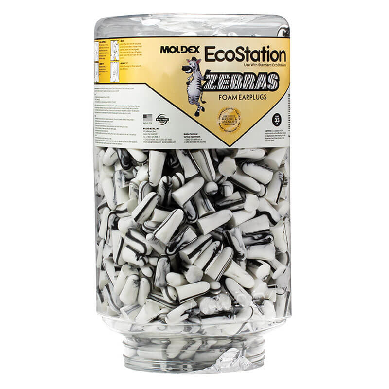 A stylish Moldex EcoStation dispenser featuring a gold label is stocked with black and white Zebra earplugs, offering the maximum NRR of 33 for superior noise reduction. The label, adorned with a zebra illustration, reads "Moldex EcoStation with Zebras Refill 6710," making it a full source of protective earplugs.