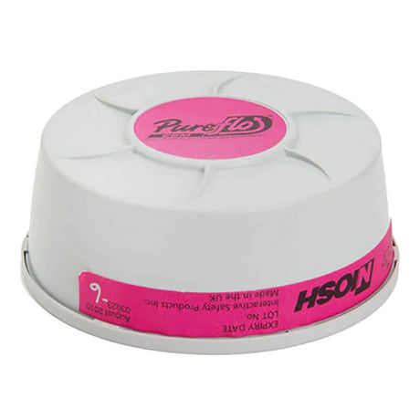 The Pureflo HEPA Filter Replacement ESM Respirator (8/Box) PR02020SP from PK Safety Supply is a white, circular filter cartridge featuring a pink band labeled "NIOSH" with additional markings such as "PureFlo" and "Approved by NIOSH". It integrates seamlessly into Pureflo PAPR systems. The HEPA filter's ridged design on top ensures optimal performance across various environments.