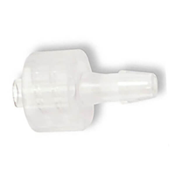 Close-up of an mPower POLI MP400 Male Luer Connector, part number M490-0037-010, made from translucent plastic with a barbed end designed for tubing attachment. Its cylindrical, slightly tapered shape from mPower Electronics provides secure connections in fluid handling applications.