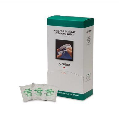 A package of Allegro Cleaning Wipes 0350 by Allegro, featuring a white and green design with an image of someone using a wipe on eyewear. In front of the packaging are three separate cleaning wipe packets.