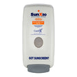 A Coretex Sun X 50 Sunscreen Wall Dispenser 61558 with SPF 50+ broad spectrum protection. The label highlights its "non-greasy" and "water resistant" features, and the base features the phrase "Got Sunscreen?".