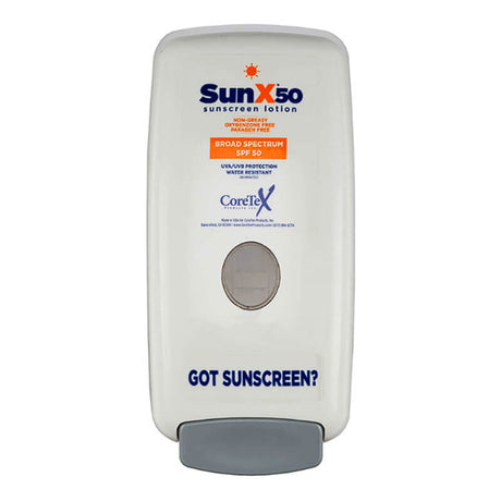 A Coretex Sun X 50 Sunscreen Wall Dispenser 61558 with SPF 50+ broad spectrum protection. The label highlights its "non-greasy" and "water resistant" features, and the base features the phrase "Got Sunscreen?".