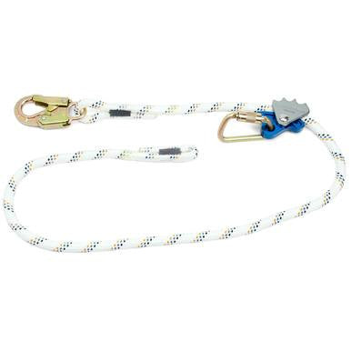 A Skylotec Ergogrip Positioning Lanyard L-0499-1.8 in white with black and yellow stripes, equipped with a carabiner on one end and a metal clasp on the other. Engineered for fall protection or climbing, it includes an ergonomic hand-shaped grip adjuster to ensure optimal positioning for both safety and comfort.