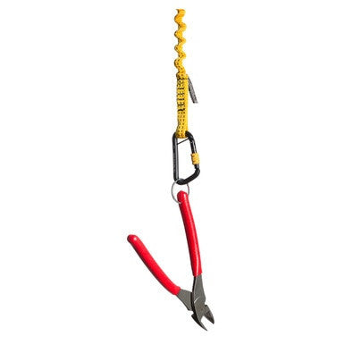 The red-handled wire cutters are attached to a Python Safety Hook2Loop Bungee Tether 1500047 from the 3M DBI-SALA Fall Protection brand, featuring a yellow coiled lanyard functioning as a bungee tether with a black carabiner. This setup secures the tool, highlighting Python Safety measures for drop prevention against a plain white background.