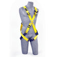 A gray mannequin displays the Delta Front & Back D-Ring Crossover Pass-Thru Harness 1102010 by 3M DBI-SALA Fall Protection, featuring a vibrant yellow color with contrasting black buckles, straps, and connectors. Engineered for secure torso and leg support, this Delta No-Tangle harness guarantees optimal safety against a plain white background.