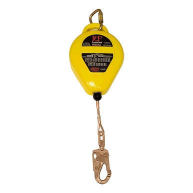 The French Creek 50ft Galvanized SRL RL50GZ, by French Creek Production, is a yellow retractable lifeline equipped with a metal hook and durable housing. It features a 50-foot galvanized steel cable, and its label showcases safety information, making it perfect for fall protection in construction and industrial settings.