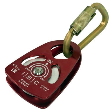 The Protecta Confined Space Pulley and Carabiner AK020A1, produced by 3M DBI-SALA Fall Protection, is constructed using high-strength aluminum alloy. It includes a gold carabiner equipped with a twist-lock mechanism. The pulley displays the manufacturer markings "IISG" and "RP063" and features a pivoting sheave, making it perfect for confined space applications.