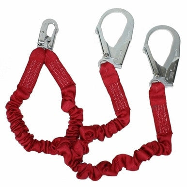 A red Protecta PRO 100 Pct Tie-Off Stretch Shock Absorbing Lanyard 1340161 from 3M DBI-SALA Fall Protection, featuring two silver locking carabiners. This lanyard includes a bungee-like, coiled section designed for fall protection in construction or climbing situations.