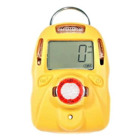 The mPower UNI 321 MP102RT Real Time 2 Yr CO Single Gas Detector M015-0001-R00 by mPower Electronics is a yellow handheld device featuring a digital display reading "0," two small buttons, and a circular sensor on the front, making it an essential tool in emergency response situations.