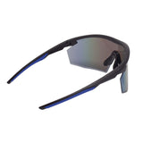 Introducing the Pyramex PMXSPEC Blue Mirror Safety Glasses from Pyramex Safety, featuring a modern and aerodynamic design. These sleek and sporty glasses come with black frames and reflective lenses that provide UV protection. For added comfort, the inside of the arms is lined with blue padding, making them an ideal choice for stylish active wear.