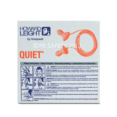 The packaging for Howard Leight Quiet Reusable QD30 Corded Earplugs - 100 Pair/Box highlights the earplugs' noise reduction capabilities with its distinctive orange design. It provides fitting instructions and safety warnings in multiple languages, underscoring their role in providing effective hearing protection across different environments.