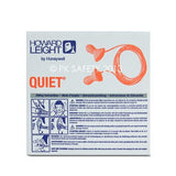 The packaging for Howard Leight Quiet Reusable QD30 Corded Earplugs - 100 Pair/Box highlights the earplugs' noise reduction capabilities with its distinctive orange design. It provides fitting instructions and safety warnings in multiple languages, underscoring their role in providing effective hearing protection across different environments.