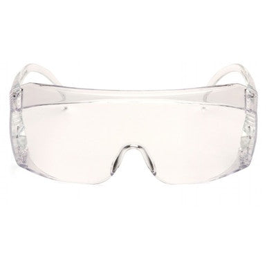 The Pyramex Jumbo Solo Clear Lens S510SJ Glasses by Pyramex Safety feature a wraparound design with impact-resistant lenses and side protection. These glasses provide a simple nose bridge and integrated ear arms for a secure fit, along with UV protection suitable for various environments. Available in boxes of 12.