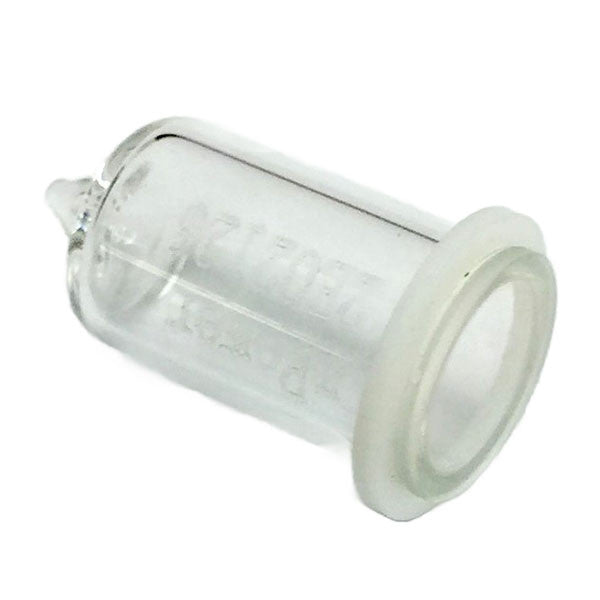 A close-up of a small transparent glass container with a spout, reminiscent of the mPower NEO MP18X Lamp (10.6 eV, 3/8 inch dia.) M185-0002-000 by mPower Electronics. The container's smooth, rounded edge against a stark white background mirrors the sleek design elements often seen in modern tech devices.