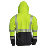 The NSA DRIFIRE FR Hi-Vis Hybrid Zip Hoodie Class 3 SWSHEHZC3-_ _ features a high-visibility yellow color enhanced with reflective silver stripes on the back and arms, accompanied by a black lower section. It meets ANSI/ISEA 107 Type R Class 3 standards and provides an Arc Rating of 19 cal/cm², ensuring maximum safety in construction or outdoor work environments.