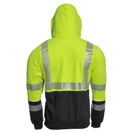 The NSA DRIFIRE FR Hi-Vis Hybrid Zip Hoodie Class 3 SWSHEHZC3-_ _ features a high-visibility yellow color enhanced with reflective silver stripes on the back and arms, accompanied by a black lower section. It meets ANSI/ISEA 107 Type R Class 3 standards and provides an Arc Rating of 19 cal/cm², ensuring maximum safety in construction or outdoor work environments.