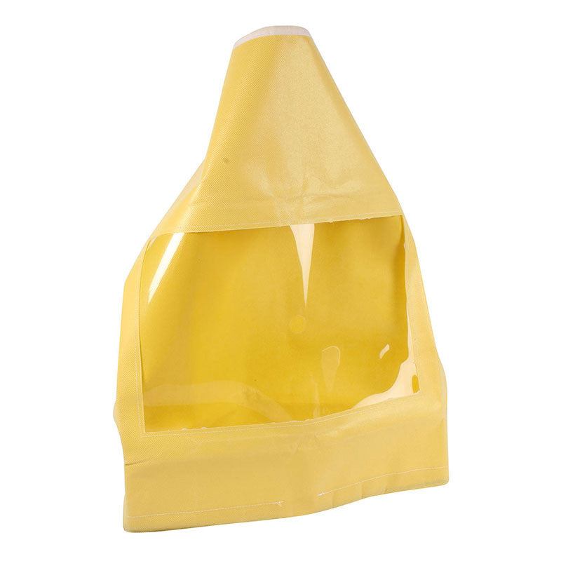 The PIP Replacement Hood for Bitrex Fit Test Kit 270-RPHOOD by Protective Industrial Products is a yellow hood with a clear plastic face shield. It is designed to completely cover the head and face while providing visibility through its transparent shield. Made from durable materials, this replacement hood ensures reliable performance during Bitrex fit tests.