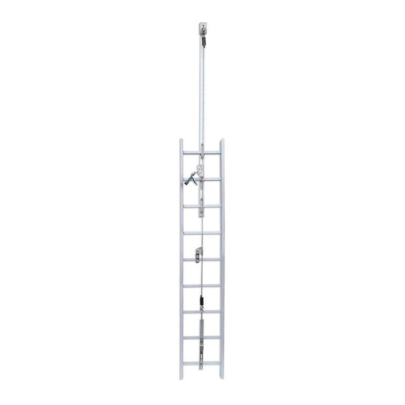 A tall, straight silver metal ladder fitted with the Frontline Ladder Cable Vertical Lifeline System VLCS by Frontline Fall Protection, photographed against a plain white background.