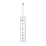 A tall, straight silver metal ladder fitted with the Frontline Ladder Cable Vertical Lifeline System VLCS by Frontline Fall Protection, photographed against a plain white background.
