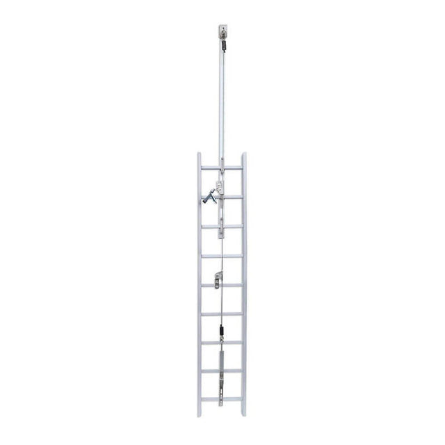 A tall, straight silver metal ladder fitted with the Frontline Ladder Cable Vertical Lifeline System VLCS by Frontline Fall Protection, photographed against a plain white background.