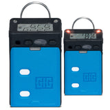 Two GfG G222E Micro 5 NH3 Single Gas Detectors, each featuring a digital screen with a blue front and numbered display. Both devices have a lock mechanism at the top and buttons below the screens. Utilizing advanced electrochemical sensing technology for precise ammonia gas detection, the detector on the right displays two illuminated red indicator lights.