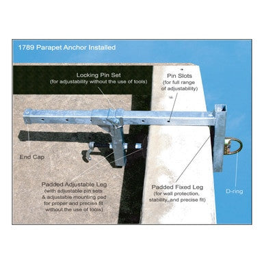 Illustration of the French Creek Parapet Wall Anchor 1789 installed on a building edge, ideal for temporary anchorage during window washing. Labels indicate parts: locking pin set, pin slots, end cap, padded adjustable leg, padded fixed leg, and D-ring. Designed by French Creek Production for adjustability and stability.