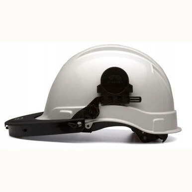 The Pyramex Ridgeline Cap Style Hard Hat Adapter HHABCMR by Pyramex Safety, shown in white with a black adjustable strap and featuring a side adapter for added convenience, is viewed from the side against a plain background.