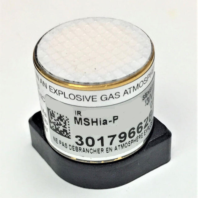 A close-up image of a methane sensor, labeled as "mPower POLI MP400 LEL/VOL Dual-Range CH4 Smart Sensor" from mPower Electronics, featuring a QR code and the warning "DO NOT DISCONNECT IN AN EXPLOSIVE GAS ATMOSPHERE." The non-dispersive infrared (NDIR) gas detector has a base with the serial number: 301796628.