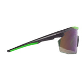 A side profile view of the Pyramex Safety PMXSPEC Green Mirror Safety Glasses (SBL11257ST 12/box), showcasing their sleek black design with green accents and reflective, anti-fog lenses. These glasses are crafted for a customizable fit, providing both comfort and style on all your adventures.