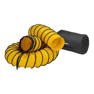 A Euramco ECKO-FLEX 8 in. x 25 ft. flexible ducting, featuring a yellow fire-retardant design with reinforced helical wire and black rings, is coiled next to a black storage bag.