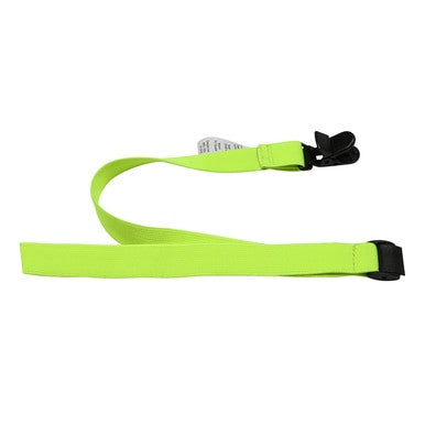 A PIP Hard Hat Lanyard 533-300101 by Protective Industrial Products, featuring a vibrant green color with secure attachment options and black plastic clasps at both ends, constructed from high-stretch elastic material, is displayed against a plain white background.