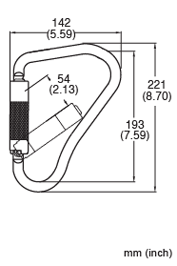 The diagram depicts the French Creek Steel Twist-Lock Scaffold Hook 62 by French Creek Production, with measurements including a carabiner width of 142 mm (5.59 inches), height of 221 mm (8.70 inches), and an angled segment measuring 54 mm (2.13 inches). An additional scaffold hook height is specified at 193 mm (7.59 inches). All dimensions adhere to ANSI Z359 standards for fall protection equipment.