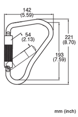 The diagram depicts the French Creek Steel Twist-Lock Scaffold Hook 62 by French Creek Production, with measurements including a carabiner width of 142 mm (5.59 inches), height of 221 mm (8.70 inches), and an angled segment measuring 54 mm (2.13 inches). An additional scaffold hook height is specified at 193 mm (7.59 inches). All dimensions adhere to ANSI Z359 standards for fall protection equipment.