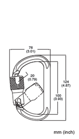 The French Creek Aluminum Twist-Lock Carabiner 354-2A, manufactured by French Creek Production, is designed for fall protection and includes a technical diagram with dimensions in both millimeters and inches. This carabiner features a locking mechanism with precise measurements: 76 mm (3.01 inches), 20 mm (0.79 inches), 100 mm (3.93 inches), and 124 mm (4.87 inches). It is compliant with ANSI Z359 standards.