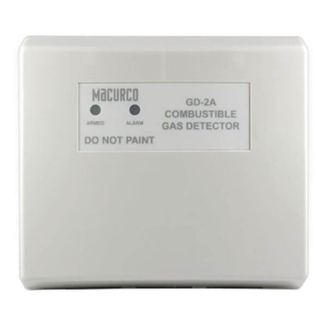 The Macurco Residential Combustible Gas Detector GD-2A, in a sleek white rectangular design, prominently displays labels such as "ARMED," "ALARM," and "DO NOT PAINT." It is perfect for detecting heating gas and can be effortlessly integrated with Fire Alarm Control Panels to ensure safety.