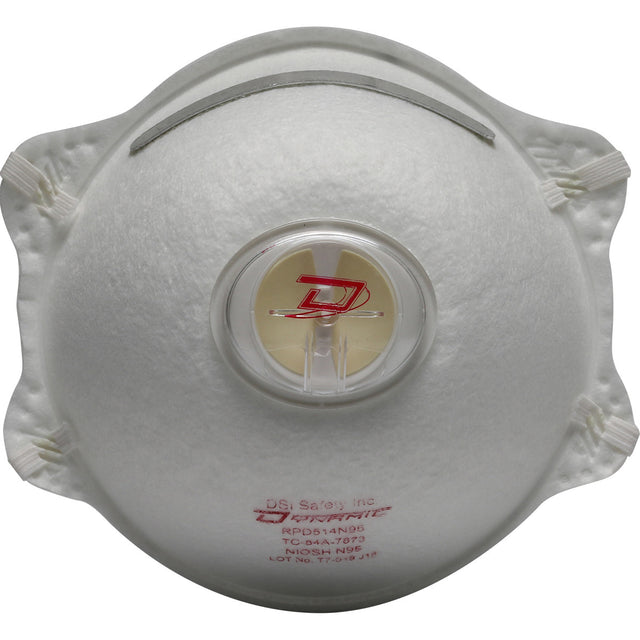 The PIP Dynamic Standard N95 Disposable Respirator with Valve 270-RPD514N95, manufactured by PIP - Protective Industrial Products, is a white NIOSH-approved mask featuring a circular exhalation valve in the center and a red logo and text on the front. This disposable respirator includes elastic straps and a metal nose strip for secure fitting.