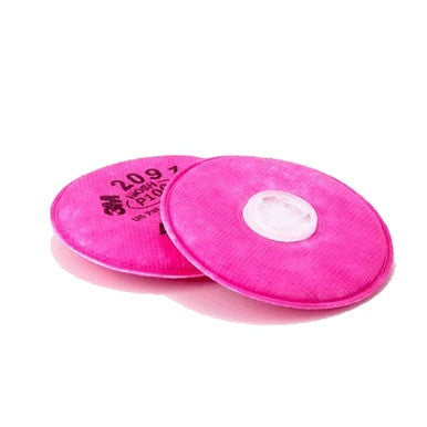 A pair of pink round 3M P100 Particulate Filters (model 2091) with a white center and printed text on one cartridge, designed for use with respirator masks. These filters provide superior HEPA filtration to deliver optimal respiratory protection.