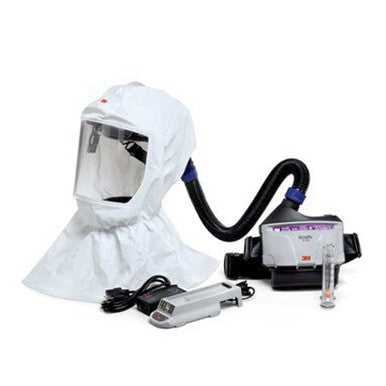 The 3M Versaflo Easy Clean PAPR Kit TR-300N+ ECK includes a white disposable hood with a transparent face shield, connected to an advanced powered air-purifying respirator system via a black hose. Designed by 3M for optimal protection, the setup also features a battery pack and charger for extended use.