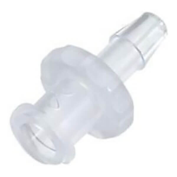 Close-up image of a small, transparent plastic connector featuring a ridged design and a tapered end, resembling an mPower POLI MP400 Female Luer Connector (10 pcs) M490-0078-010 from mPower Electronics.