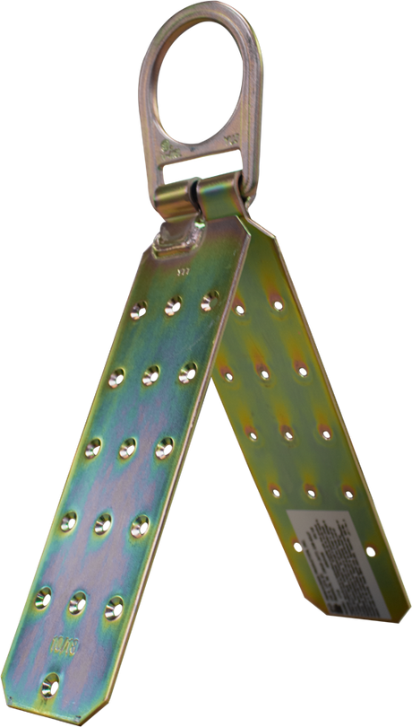 Introducing the French Creek Reusable Roof Anchor with D-Ring 1715 by French Creek Production, featuring a circular loop at the top resembling a D-ring attachment. This product provides a secure locking solution for safety padlocks, ideal for securing machinery during maintenance. Its metallic design is enhanced by a shiny, iridescent finish and includes multiple holes and a hinge.